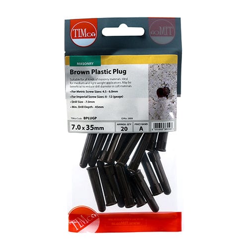 Timco - Brown Plastic Plug 36mm 20 PCS